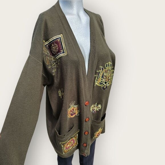 Vintage Jones New York Knit Button Front Embroidered Crest Cardigan Large - Picture 1 of 12